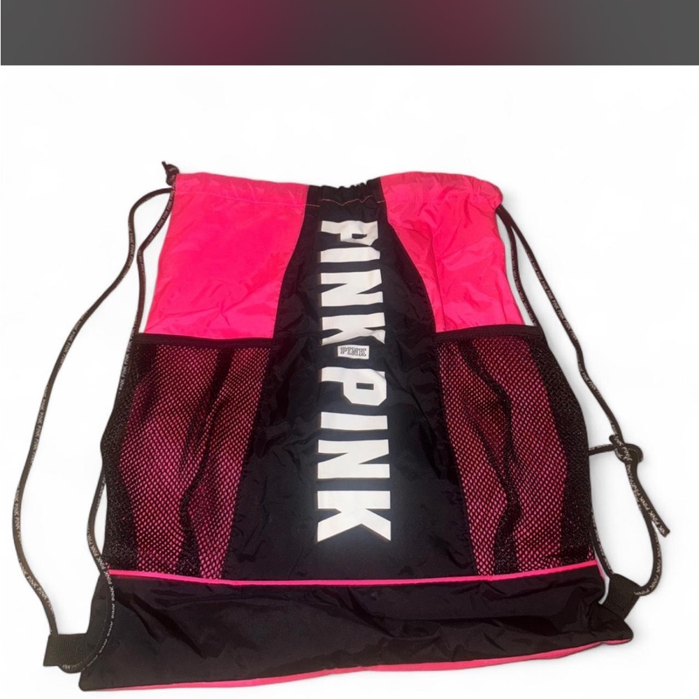 PINK Victoria's Secret Black and Pink Drawstring Backpack